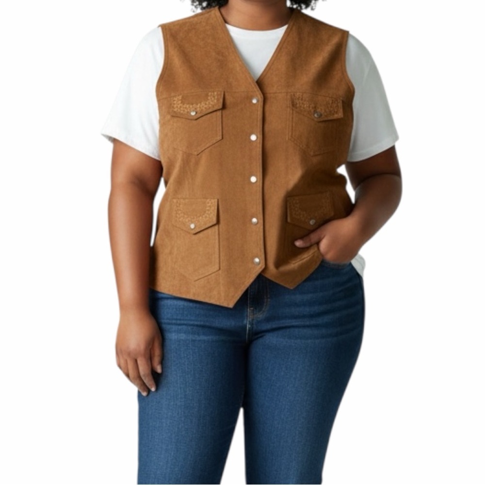 Women’s Embroidered Genuine Leather Agapo Brown Vest Size 1X